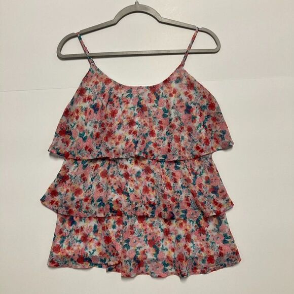 Candie's Women's XL Tiered Ruffle Cami Blouse Floral Pink Spaghetti Straps Y2K - Picture 1 of 10